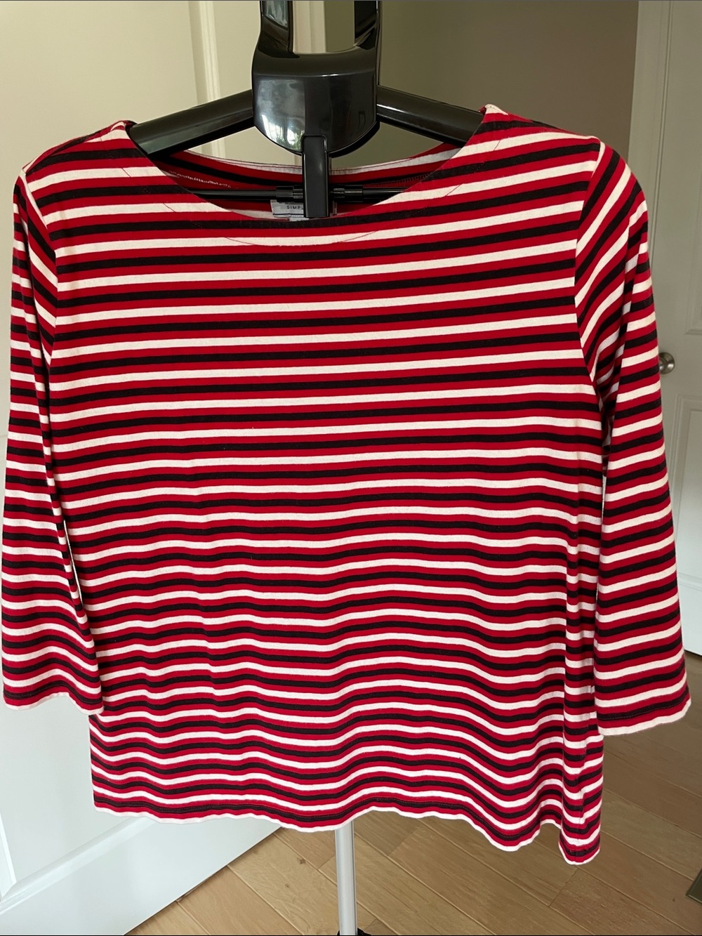 Liz Claiborne Red, Black and White Striped 3/4”-Sleeve Tee